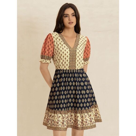 Casual Mod Print Colorblock Dotted V-Neck Short Sleeve Country Dress Sz Small - Picture 1 of 10